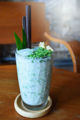 Pandanus Chendol with palm and jack fruit in coconut cream frappe