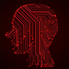 Abstract neon human head with circuit board