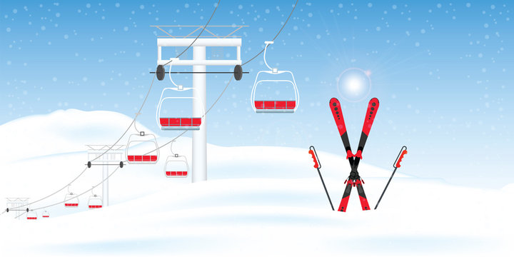 Winter ski resort with ski-lift moving above the ground against winter landscape.