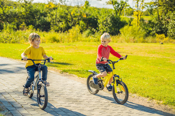 Fototapeta premium Two happy boys cycling in the park