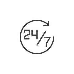 24 7 clock outline icon. linear style sign for mobile concept and web design. Open 24 hours a day and 7 days a week simple line vector icon. Symbol, logo illustration. Pixel perfect vector graphics