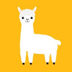 Llama alpaca animal. Cute cartoon funny kawaii character. Fluffy fur. Curly haircut. Childish baby collection. T-shirt, greeting card, poster template print. Flat design. Yellow background. Isolated.