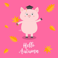 Hello autumn. Pig piglet Graduation hat Academic Cap Orange red fall leaf. Happy surprised emotion. Cute funny cartoon baby character. Pet animal collection Isolated Pink background