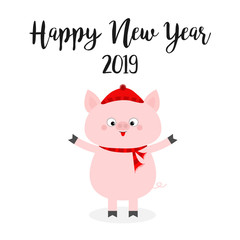 Pig wearing red hat, scarf. Happy New Year. Chinise symbol of 2019. Snowflake on tongue. Cute cartoon funny character. Flat design. White background. Isolated.
