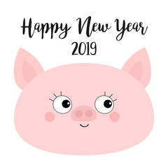 Happy New Year 2019. Pig face. Pink piggy piglet. Chinise symbol. Cute cartoon funny kawaii baby character. Flat design. White background. Isolated.