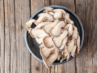 edible mushroom oyster mushroom on old rustic wooden table, top view