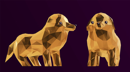 Cute Funny Gold Cartoon Dogs Set. Vector Dog Low Poly 3D Rendering