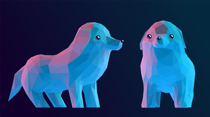 Cute Funny Modern Cartoon Dogs Set. Vector Dog Low Poly 3D Rendering