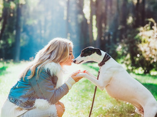 beautiful adorable happy blonde woman owner kissing her whippet outdoor