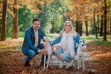 beautiful lovely young couple (woman and man) in jeans clothes walking with two whippet dogs...