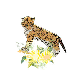 Retro style Illustration with flowers and animal