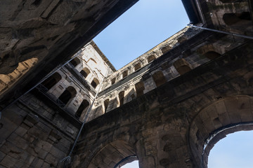 Trier, Germany. The Porta Nigra (Latin for black gate), a large Roman city gate of the ancient city...