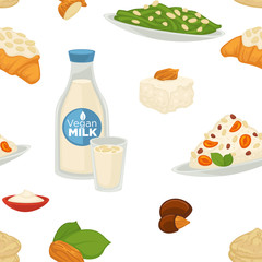 Vegan milk, dairy products and bakery sweets food vector.