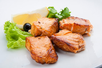 Catfish kebab , skewered fish with green