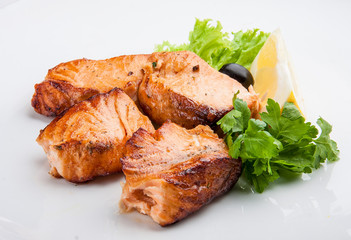 Catfish kebab , skewered fish with green