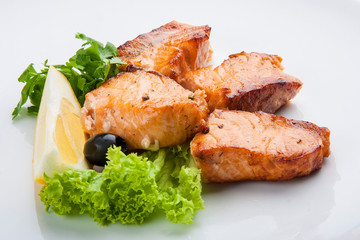 Catfish kebab , skewered fish with green