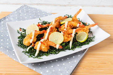 Fried Shrimp with Lime Cream Sauce and deep fried kale