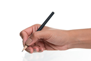 Woman hand holding pencil, writing, drawing, pointing isolated on white