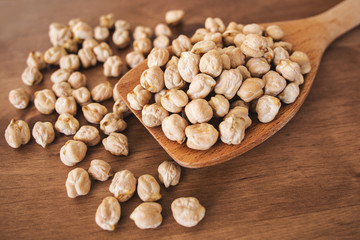 Dry chickpeas on wooden background.