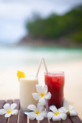 Two coctails on the tropical beach on Seychelles.