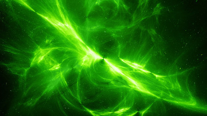 Green glowing high energy plasma field in space