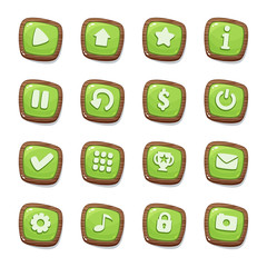 Set of 16 green jelly icons in wooden frames isolated on white background for game user interface. Mobile app vector elements template in cartoon style.