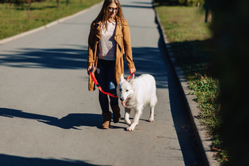 girl walks at autumn park with young white Swiss shepherd dog