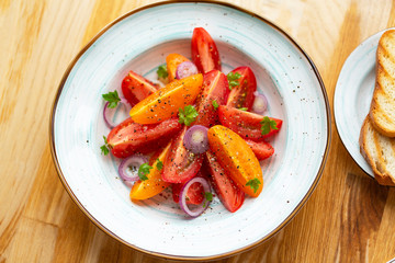 Traditional Italian salad with fresh tomatoes, onions and olive oil