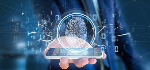 Businessman holding a Digital fingerprint identification and binary code 3d rendering