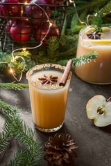 Apple cider cocktail with cardamom and star anise on black table with fir tree branches. Christmas drink.
