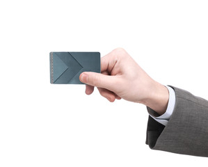 hand holding blank credit card.Plastic bank-card design mock up