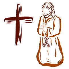 Believer prays to God on his knees, cross, clothes of old time