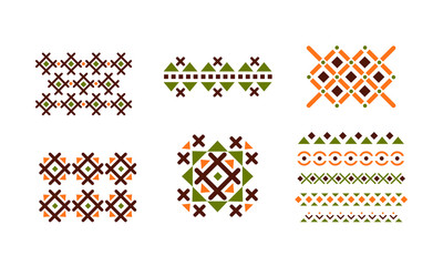 Abstract geometric patterns set, bright embroidery elements vector Illustration on a white background