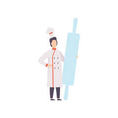 Chef cook standing with rolling pin, baker in uniform holding kitchen tool vector Illustration on a white background