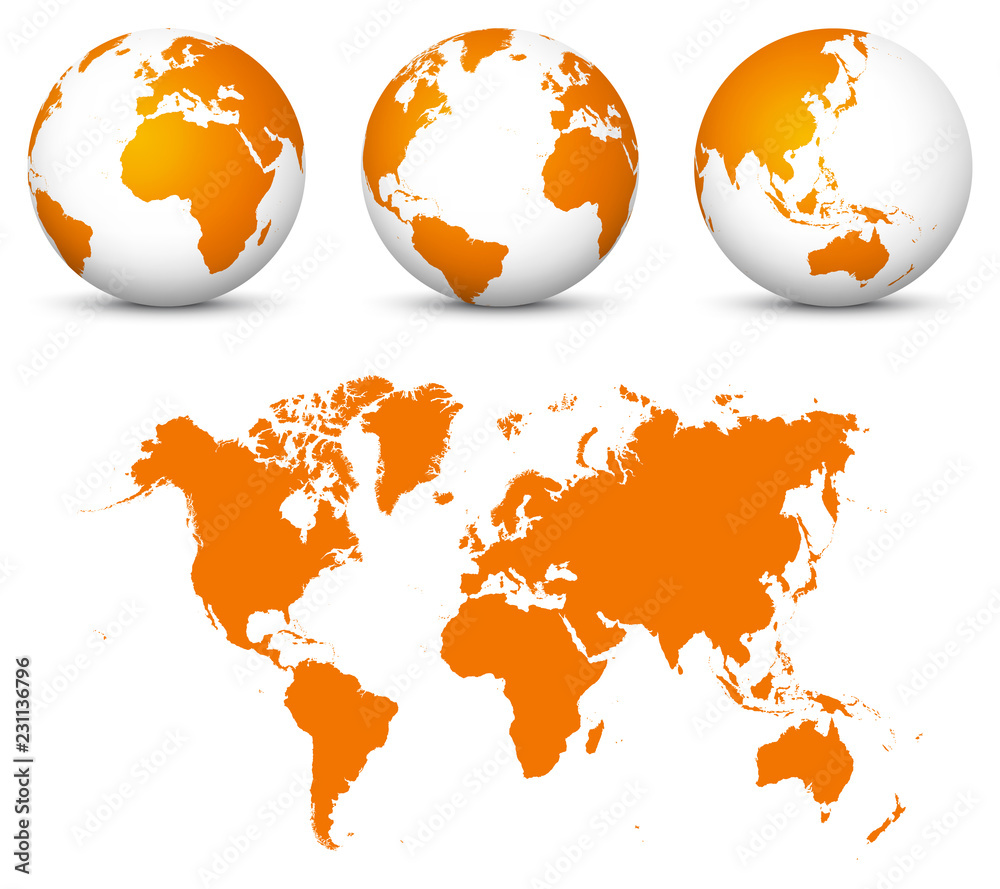 Wall mural orange 3d world - flat vector globe icon set with undistorted 2d world map in orange color.