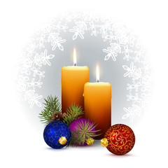 Two Candlelights with Decorativ XMAS Design Elements on White Background with Snowflakes.