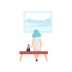 Young woman sitting on the bench and looking at the painting hanging on the wall, exhibition visitor viewing museum exhibit at art gallery, back view vector Illustration
