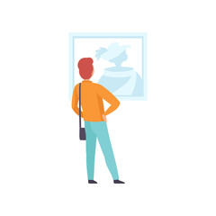 Man looking at the picture hanging on the wall, male exhibition visitor viewing museum exhibit at art gallery, back view vector Illustration on a white background