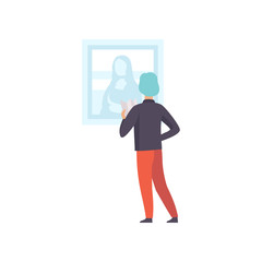 Fototapeta premium Man looking at Mona Lisa painting hanging on the wall, male exhibition visitor viewing museum exhibit at art gallery, back view vector Illustration