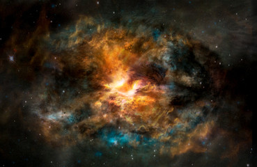 Landschaftshintergrund der Fantasy-Alien-Galaxie mit leuchtenden Wolken und Sternen mit Licht in der Mitte. Die Elemente dieses Bildes, bereitgestellt von der NASA.