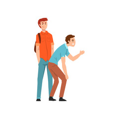 Two young men scoffing at someone, conflict between children, mockery and bullying at school vector Illustration on a white background
