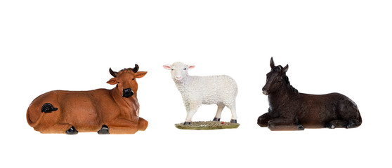 Scene of the nativity: A sheep with the ox and the mule