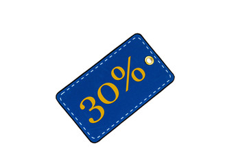 Discount tags or labels for sale in denim color with space for text. Discount card isolated on...