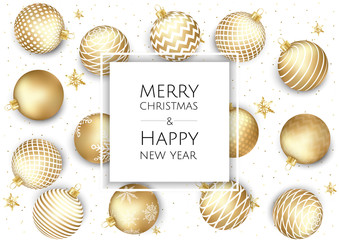 Christmas and New Year background with Gold balls. Xmas card. Vector Illustration.