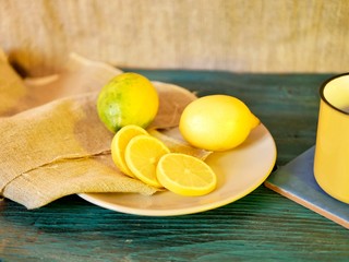  On a wooden table, a top view of a pomegranate from a shopping bag, a top view, fruit, decor, season of winter holidays, Christmas