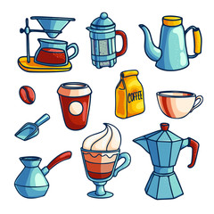  Vector collection of coffee makers and items
