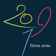 Carte de vœux pour le nouvel an 2019 avec des chiffres de couleurs différentes, dessinés à la main, sur un fond noir