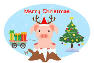 Fototapeta premium Merry Christmas card with cute pig.