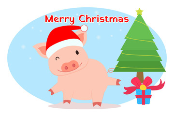 Merry Christmas card with cute pig.