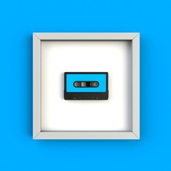 Close up of vintage audio tape cassette in picture frame concept illustration on blue background, Top view with copy space, 3d rendering